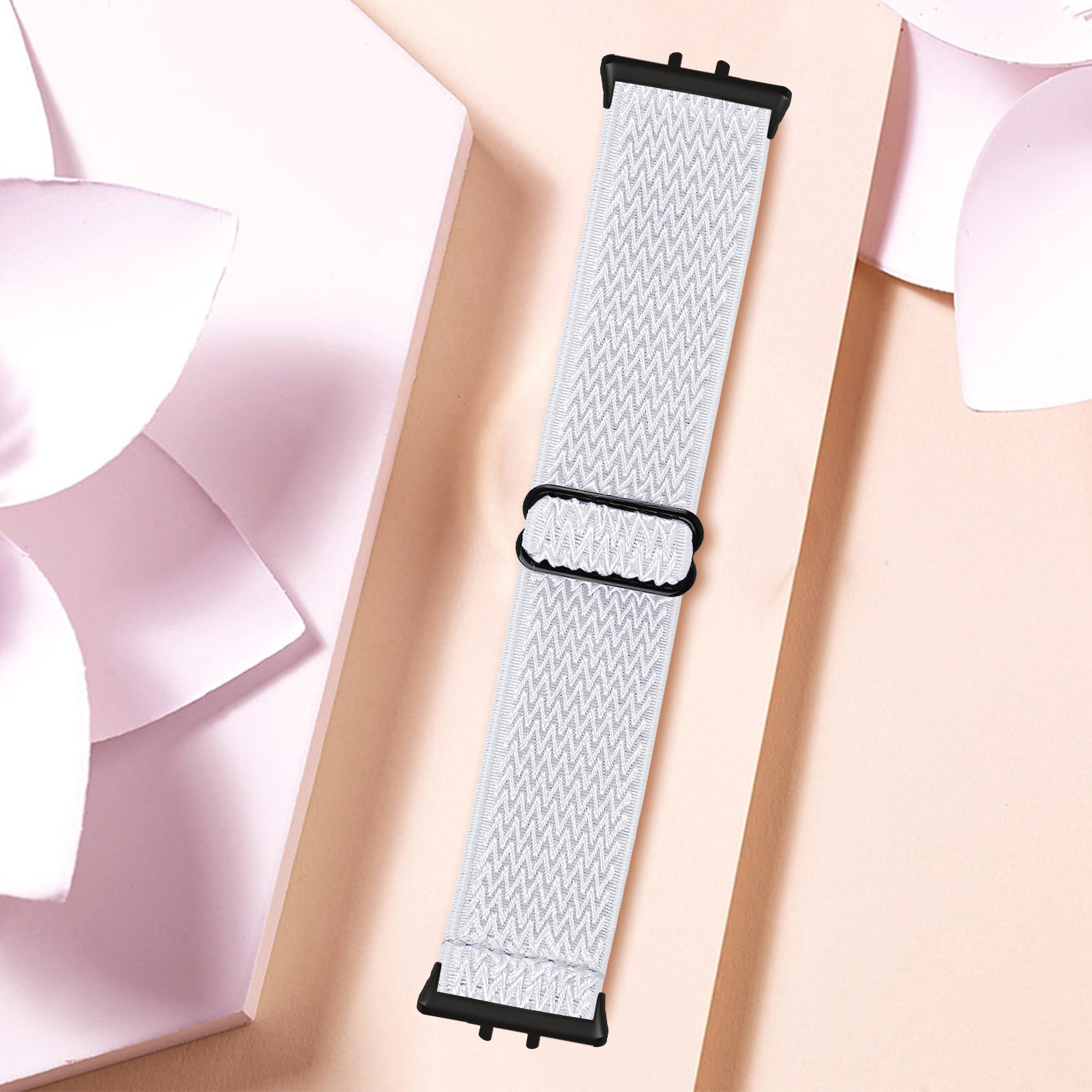 For Samsung Galaxy Fit3 SM-R390 Woven Watch Strap Elastic Wrist Band, Black Connector - White For Samsung Galaxy Fit3 SM-R390 Woven Watch Strap Elastic Wrist Band, Black Connector - White